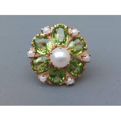 158 - A large peridot & pearl set 9ct gold cluster ring.  Finger size O.