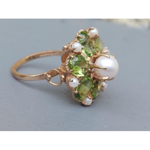 158 - A large peridot & pearl set 9ct gold cluster ring.  Finger size O.