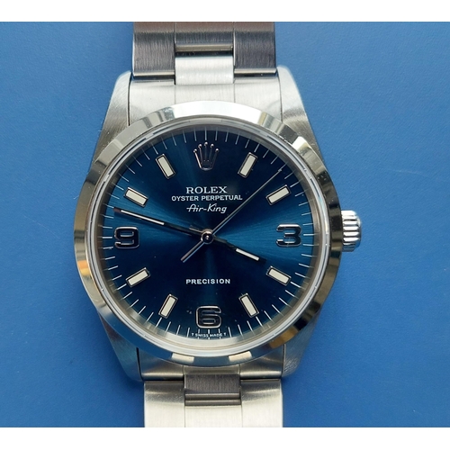 123 - A  1996 gent's stainless steel Rolex Air King Oyster Perpetual Precision wrist watch with blue dial,... 