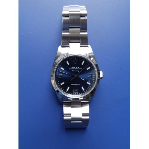 123 - A  1996 gent's stainless steel Rolex Air King Oyster Perpetual Precision wrist watch with blue dial,... 