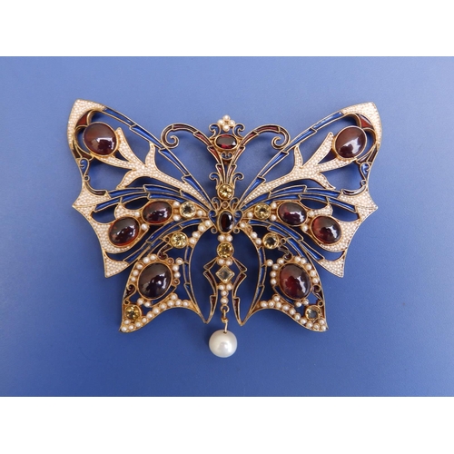 172 - A large pearl, enamelled & gem set gilt metal butterfly brooch - DPP, in Butler & Wilson box, 3.3