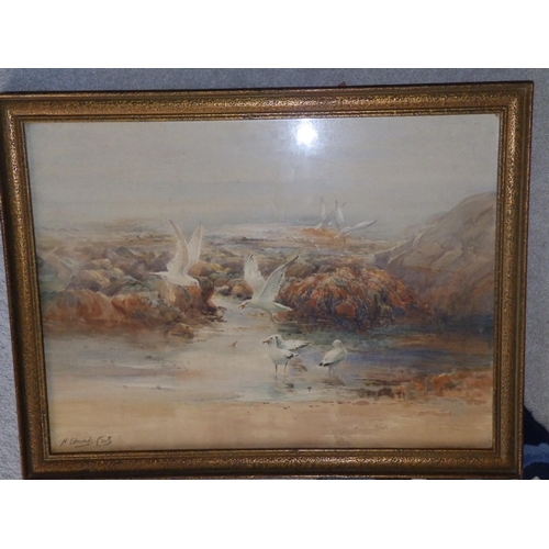 10 - Harry Edmunds Crute (1888-1975) - watercolour - Seagulls 'At Low Tide', signed & inscribed verso.