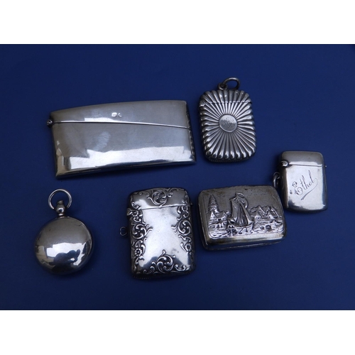 108c - Two Birmingham silver vestas, a silver sovereign case, silver card case and one other. (5)