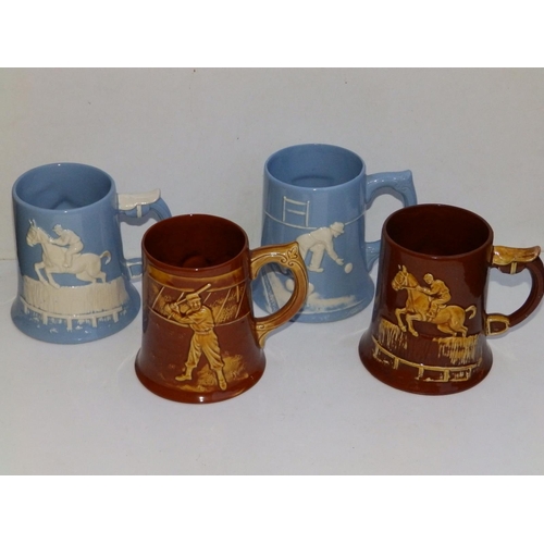 29 - Four plain coloured Dartmouth pottery mugs decorated equestrian/sporting subjects.