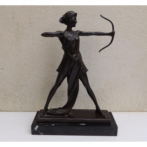 87c - A bronzed metal art deco figure of Diana the Huntress by Pierre Le Fagueys, 14