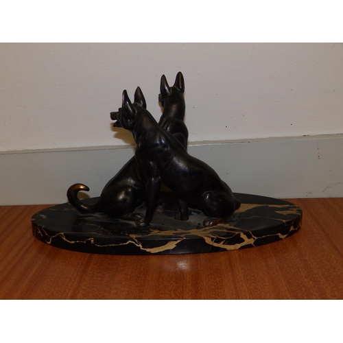 91 - A French art deco bronzed metal dog group depicting two alsatians.