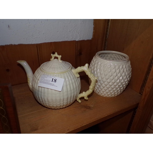 18 - GREEN STAMP BELLEEK TEA POT & BARREL