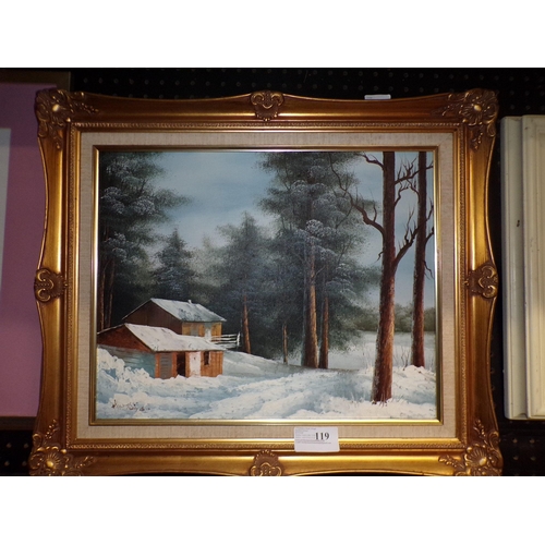 119 - CABIN IN THE SNOW SCENE SIGNED 65cm by 55cm