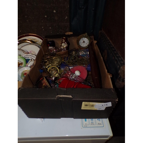 174 - BOX - HORSE BRASSES, CLOCK ETC.