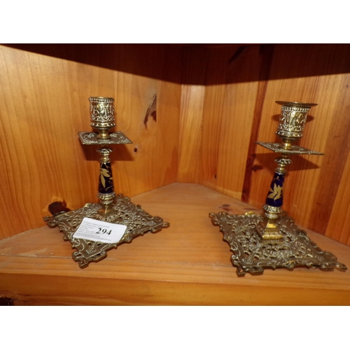 294 - ORNATE BRASS & CERAMIC CANDLESTICKS