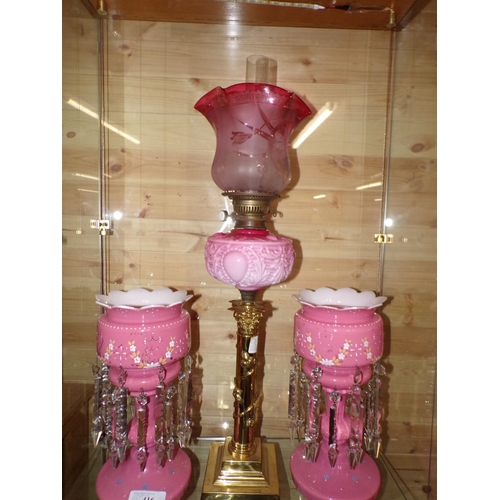 417 - SUPERB VICTORIAN CORINTHIAN PILLARED OIL LAMP WITH ORIGINAL RUBY SHADE