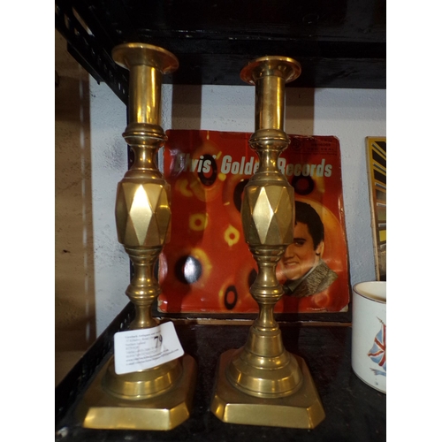 79 - PAIR DIAMOND VICTORIAN BRASS CANDLESTICKS