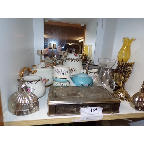 165 - SHELF - OIL LAMP, BRASS CANDELABRA ETC.