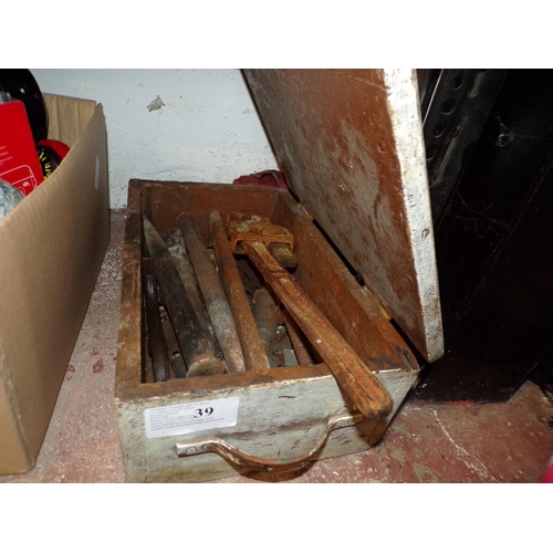 39 - WOODEN BOX - WRENCH, CHISELS ETC.