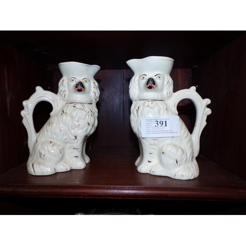 391 - PAIR UNUSUAL STAFFORDSHIRE JUGS IN THE FORM OF MANTEL DOGS