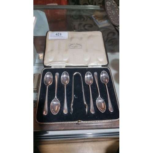 421 - SILVER PLATED SPOONS & SUGAR NIPS