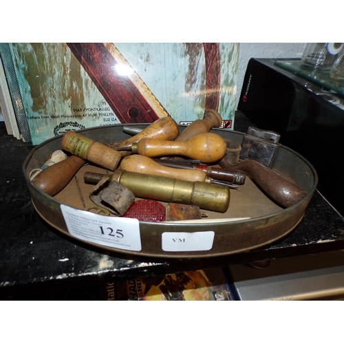 125 - TIN BOX - AWLS, BRASS GREASE GUN ETC.