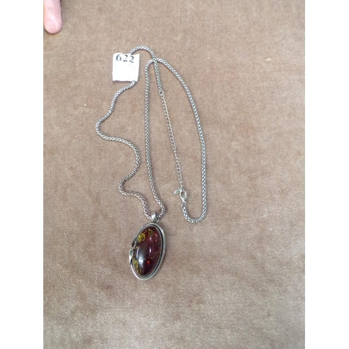 622 - SILVER CHAIN WITH AMBER PENDANT