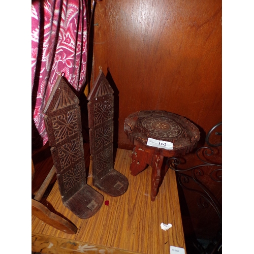 162 - PAIR CARVED WOODEN CANDLE HOLDERS & TRIPOD TABLE