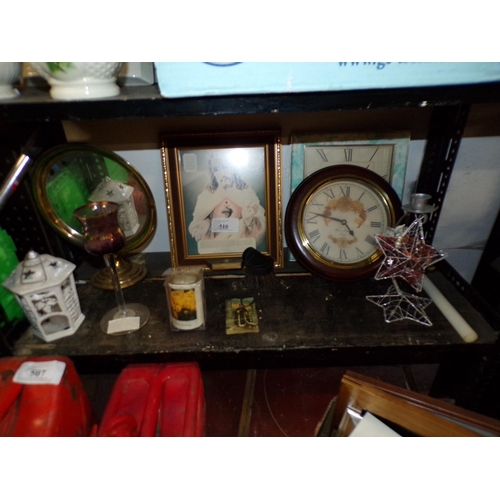 510 - SHELF - CONTENTS - CLOCKS, HOLY PICTURE ETC.