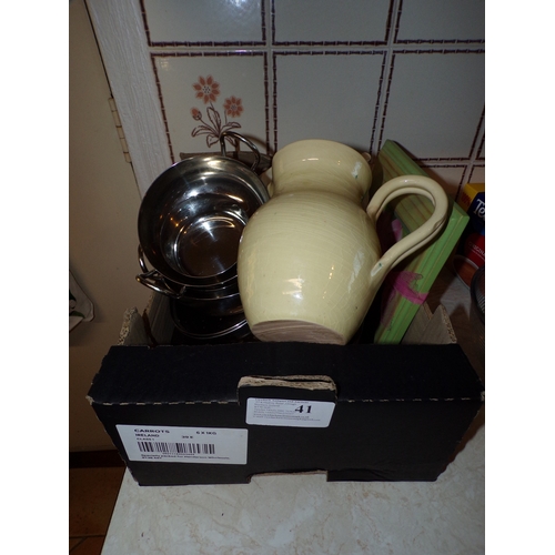 41 - KITCHEN - BOX - JUG, PICTURES, PLATES ETC.