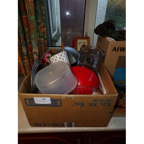 42 - BOX - KITCHEN ITEMS, WOKS ETC.