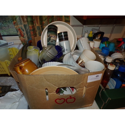 48 - LARGE BOX - MUGS, QUICHE DISH ETC.