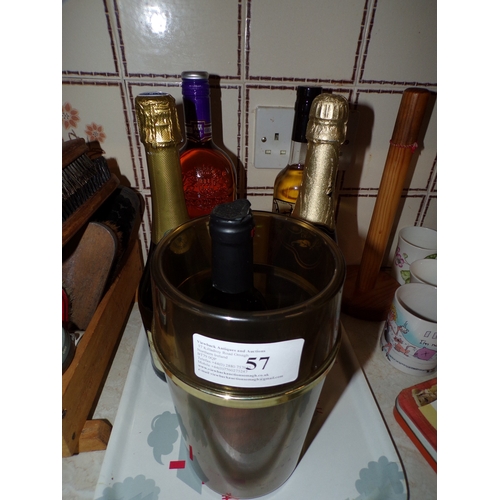 57 - TRAY - ASSORTED WINE, SPIRITS & ICE BUCKET