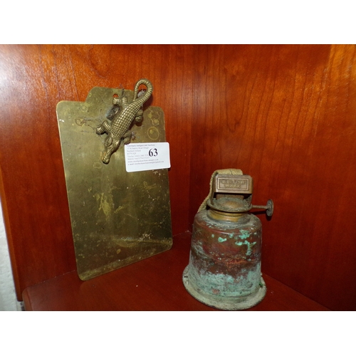 63 - CROCODILE BRASS CLIPBOARD & SMALL OIL LAMP