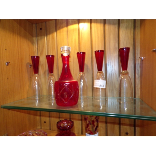 310 - UNUSUAL DECANTER (FLASHED GLASS) AND GLASSES