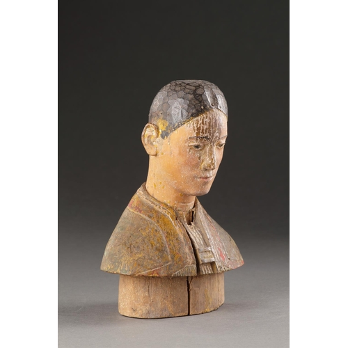 620 - A SERENE CARVED WOOD BUST BURMA OR NORTHERN VIETNAM, 18TH CENTURY OR EARLIER Original polychrome 20c... 