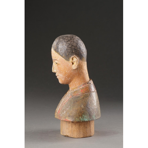 620 - A SERENE CARVED WOOD BUST BURMA OR NORTHERN VIETNAM, 18TH CENTURY OR EARLIER Original polychrome 20c... 