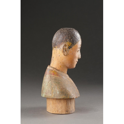 620 - A SERENE CARVED WOOD BUST BURMA OR NORTHERN VIETNAM, 18TH CENTURY OR EARLIER Original polychrome 20c... 