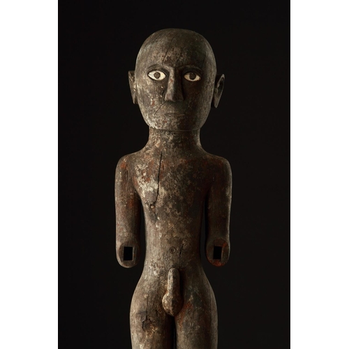 628 - TWO INDONESIAN TORAJA 'TAU TAU' CARVED 'NANGKA' FRUITWOOD MALE ANCESTOR FIGURES SOUTH SULAWESI, FIRS... 