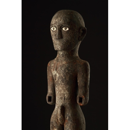 628 - TWO INDONESIAN TORAJA 'TAU TAU' CARVED 'NANGKA' FRUITWOOD MALE ANCESTOR FIGURES SOUTH SULAWESI, FIRS... 