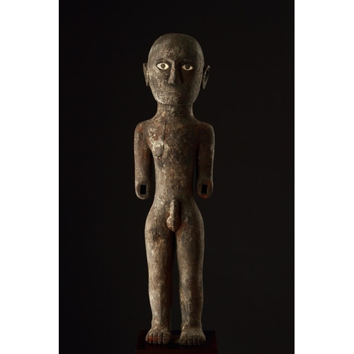 628 - TWO INDONESIAN TORAJA 'TAU TAU' CARVED 'NANGKA' FRUITWOOD MALE ANCESTOR FIGURES SOUTH SULAWESI, FIRS... 