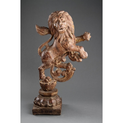 645 - A GOOD PAIR OF ANGLO-INDIAN CARVED WOOD RAMPANT LIONS MID 19TH CENTURY Wood, polychrome, and gilt, b... 