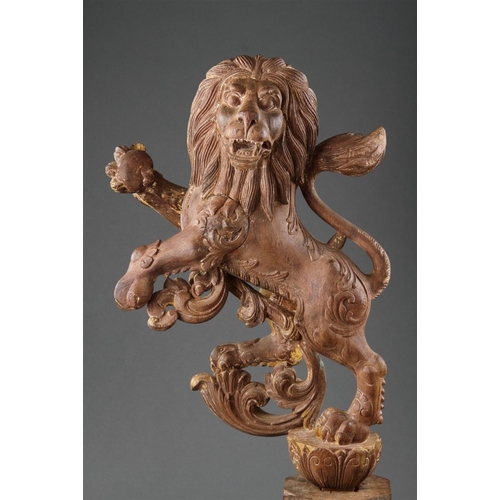 645 - A GOOD PAIR OF ANGLO-INDIAN CARVED WOOD RAMPANT LIONS MID 19TH CENTURY Wood, polychrome, and gilt, b... 