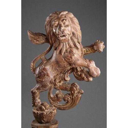 645 - A GOOD PAIR OF ANGLO-INDIAN CARVED WOOD RAMPANT LIONS MID 19TH CENTURY Wood, polychrome, and gilt, b... 