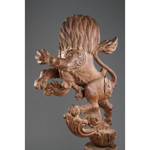 645 - A GOOD PAIR OF ANGLO-INDIAN CARVED WOOD RAMPANT LIONS MID 19TH CENTURY Wood, polychrome, and gilt, b... 