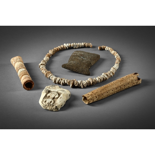 663 - A GROUP OF FIVE ANTIQUITIES TO INCLUDE: A roundel carved pierced section of bone, 15.5cm long A neck... 