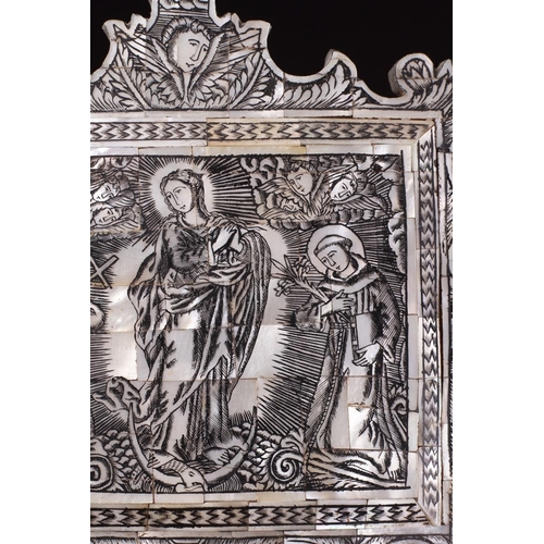 675 - Y A MOTHER-OF-PEARL VENEERED DEVOTIONAL PLAQUE HOLY LANDS, 17TH/EARLY 18TH CENTURYWood, mother-of-pe... 