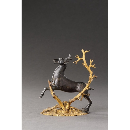 680 - A SMALL SOUTH GERMAN GILT BRONZE GROUP OF A PRANCING STAG NUREMBERG OR AUGSBURG, MID 17TH CENTURY Wi... 