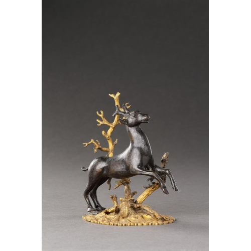 680 - A SMALL SOUTH GERMAN GILT BRONZE GROUP OF A PRANCING STAG NUREMBERG OR AUGSBURG, MID 17TH CENTURY Wi... 