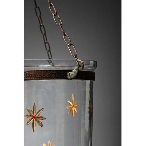 696 - A GLASS HANGING LANTERN WITH GILT ENGRAVED STARS 20TH CENTURY Of Hundi form, applied metal frame, ha... 