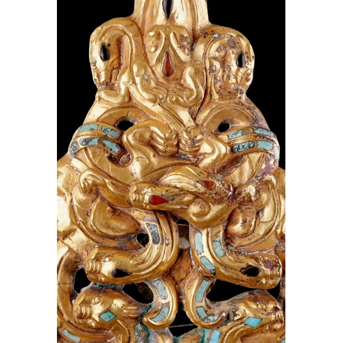 705 - A LARGE CHINESE HAN STYLE TURQUOISE INLAID GILT BRONZE BELT-HOOK Finely cast at one end with a ram h... 