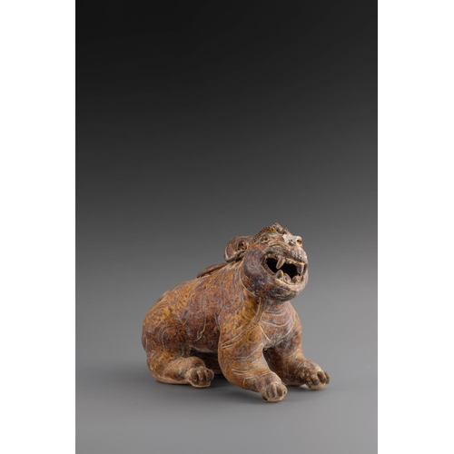 710 - TWO BROWN GLAZED POTTERY FIGURES OF A TIGER AND CUB CHINESE OR THAI 19TH/20TH CENTURYWith incised de... 