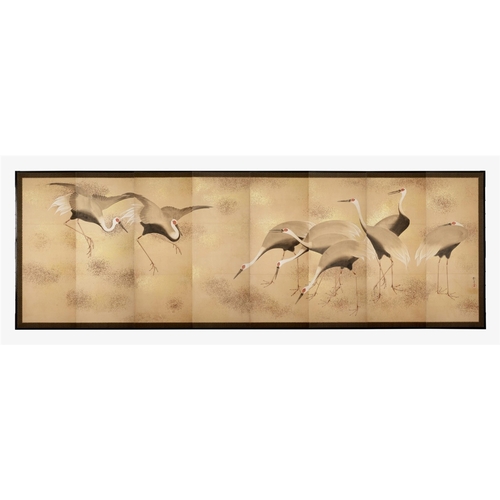 728 - A LARGE AND IMPRESSIVE EIGHT FOLD 'BYOBU' SCREEN WITH NINE 'MANCHURIAN' CRANES MEIJI PERIOD- 19TH CE... 