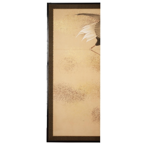 728 - A LARGE AND IMPRESSIVE EIGHT FOLD 'BYOBU' SCREEN WITH NINE 'MANCHURIAN' CRANES MEIJI PERIOD- 19TH CE... 