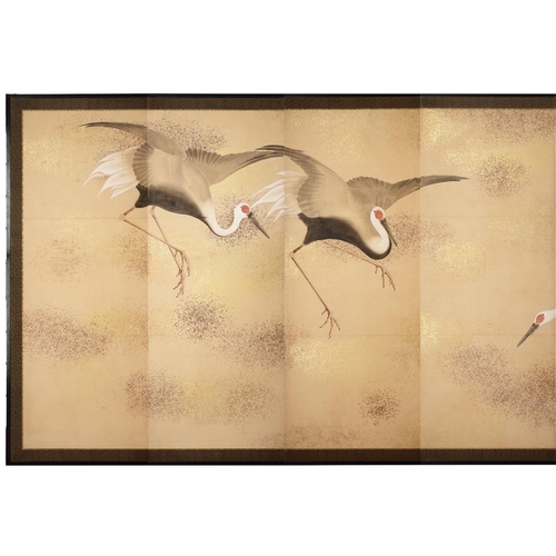 728 - A LARGE AND IMPRESSIVE EIGHT FOLD 'BYOBU' SCREEN WITH NINE 'MANCHURIAN' CRANES MEIJI PERIOD- 19TH CE... 